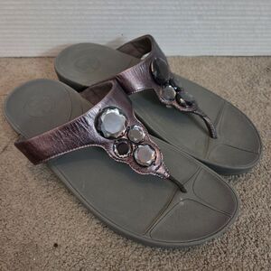 FitFlop Lunetta Style 181-054 Grey Leather Jeweled Sandals Size 8